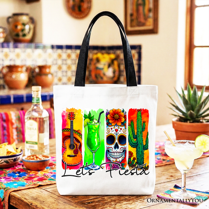 Cinco De Mayo Brushstroke Mexican Tote Bag, Let’s Fiesta Guitar Margarita Skull Cactus Gift Shopper