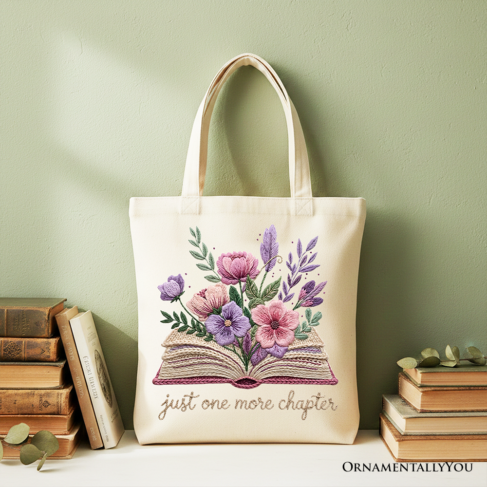 Floral Book Printed Faux Yarn Crochet Tote Bag, Just One More Chapter Bookworm Gift Shopper