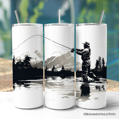 Fly Fishing Mountain Lake Scene 20oz Personalized Tumbler With Lid and Stainless Steel Straw, Angler Outdoor Adventure Gift Cup
