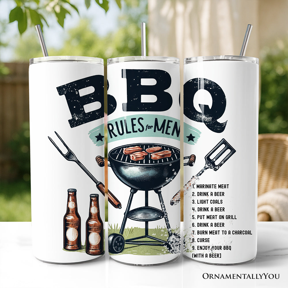 Funny BBQ Rules For Men 20oz Personalized Tumbler With Lid and Stainless Steel Straw, Backyard Grill Guide Humor Gift Cup