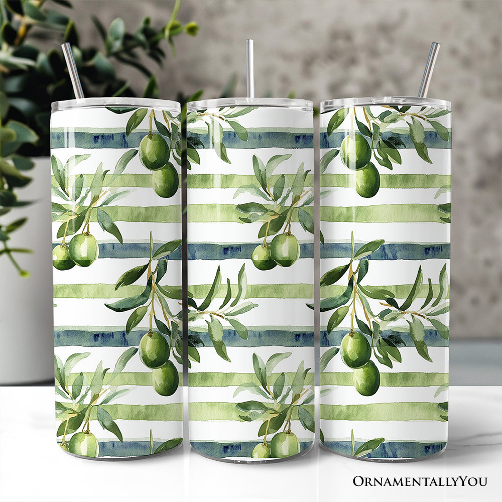 Green Olive Branch Print 20oz Personalized Tumbler With Lid and Stainless Steel Straw, Fresh Botanical Gift Cup