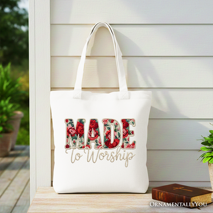 Made to Worship Printed Faux Yarn Crochet Christian Tote Bag, Floral Retro Faith Gift Shopper