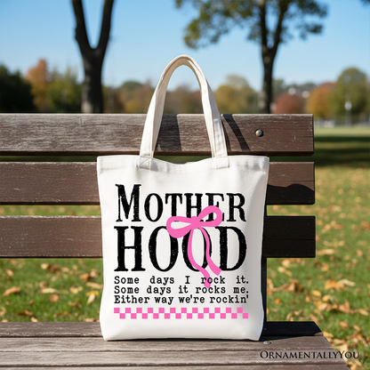 Motherhood Coquette Pink Bow Tote Bag, Retro Checkered Gift Shopper