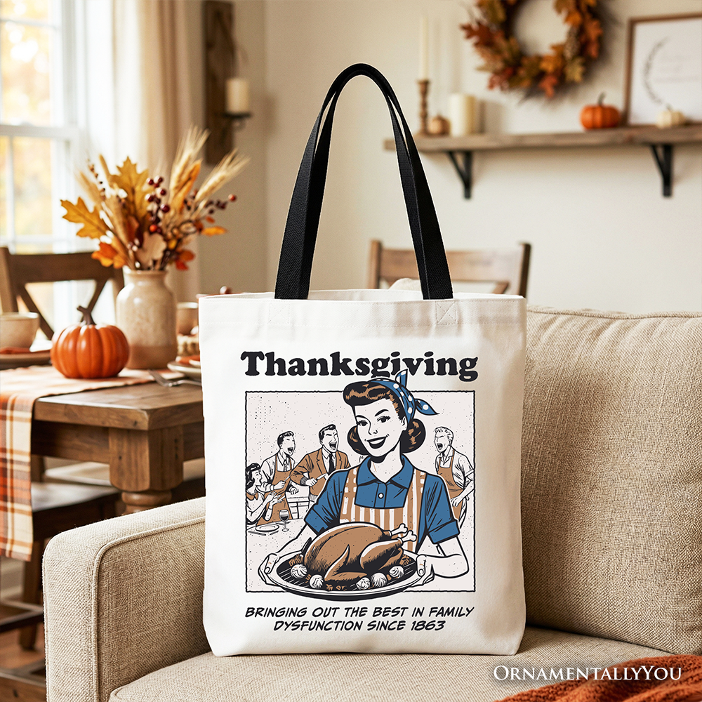 Thanksgiving Family Dysfunction Retro Tote Bag, Funny Holiday Humor Gift Shopper for Sarcastic Families
