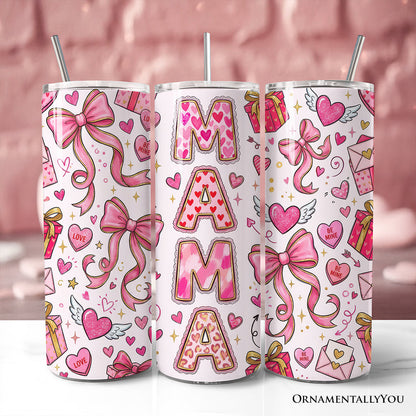 Valentine Mama Coquette Bow 20oz Personalized Tumbler With Lid and Stainless Steel Straw, Charming Pink Love Pattern Gift Cup