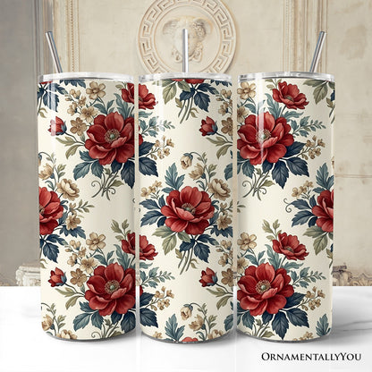 Vintage Red Poppy 20oz Personalized Tumbler With Lid and Stainless Steel Straw, Romantic Floral Pattern Gift Cup