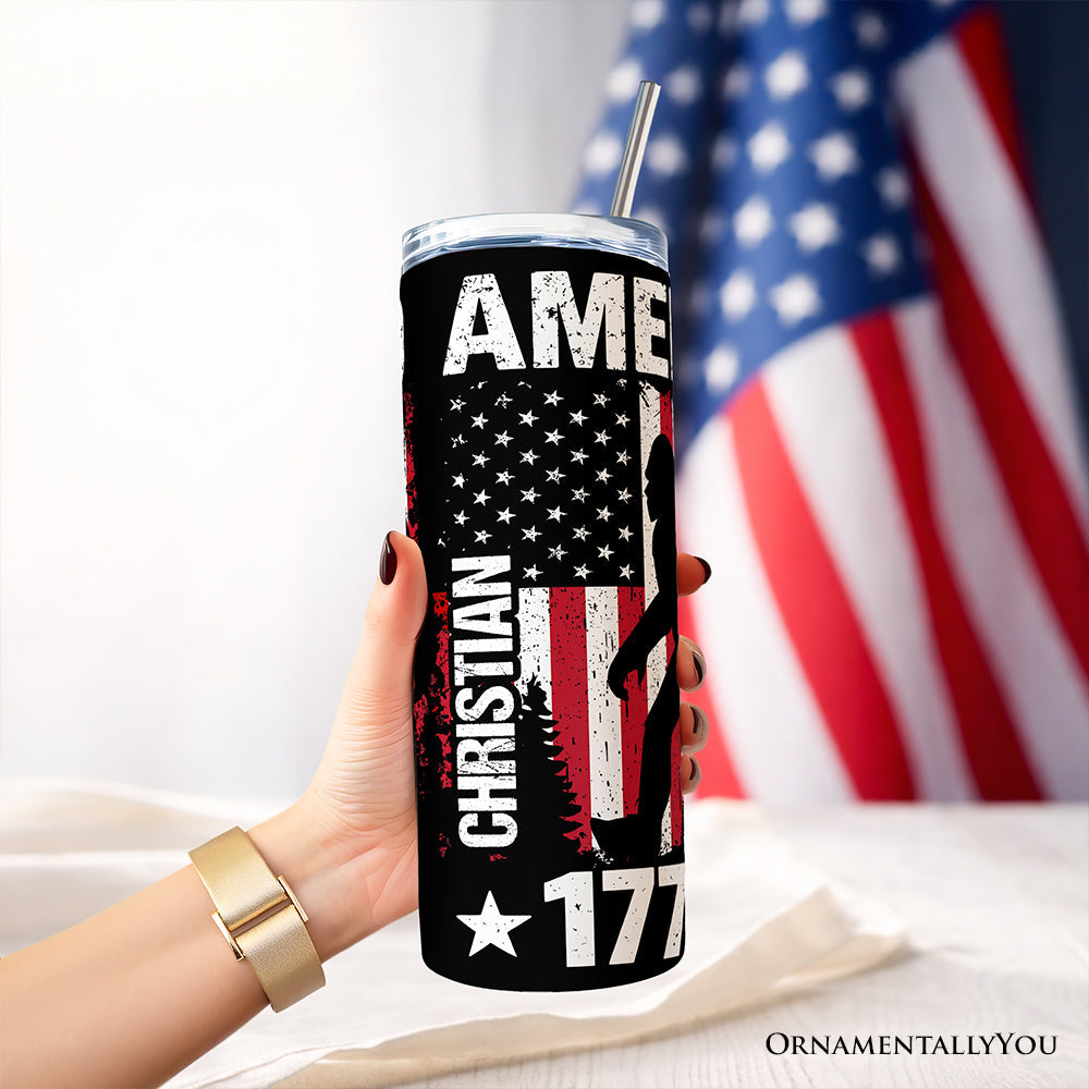 Bigfoot American Flag 20oz Personalized Tumbler With Lid and Stainless Steel Straw, Patriotic Sasquatch Gift Cup