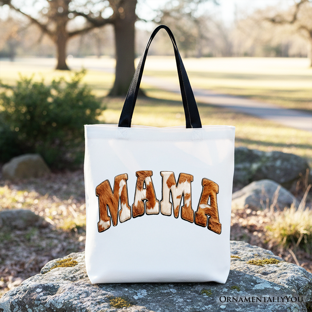 Cow Print Mama Western Tote Bag, Faux Cowhide Mom Gift Shopper