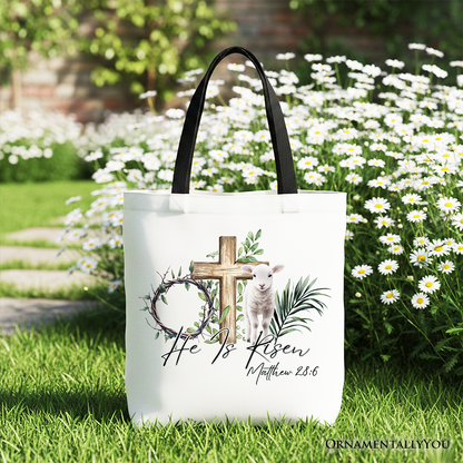 He Is Risen Lamb Cross Christian Easter Tote Bag, Bible Verse Matthew 28:6 Gift Shopper