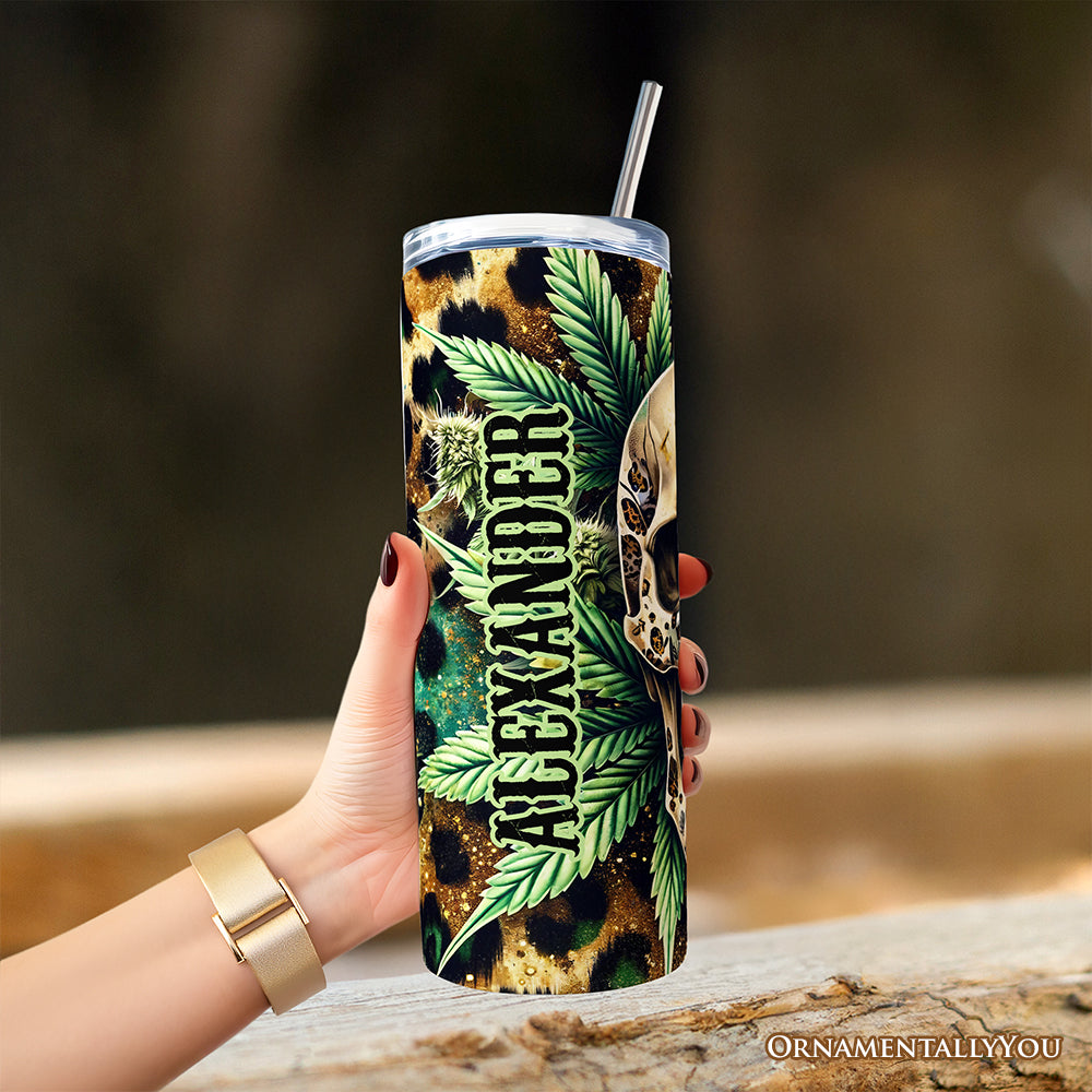 Leopard Skull Weed 20oz Personalized Tumbler With Lid and Stainless Steel Straw, Gothic Cannabis Gift Cup