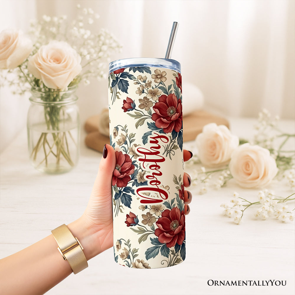 Vintage Red Poppy 20oz Personalized Tumbler With Lid and Stainless Steel Straw, Romantic Floral Pattern Gift Cup