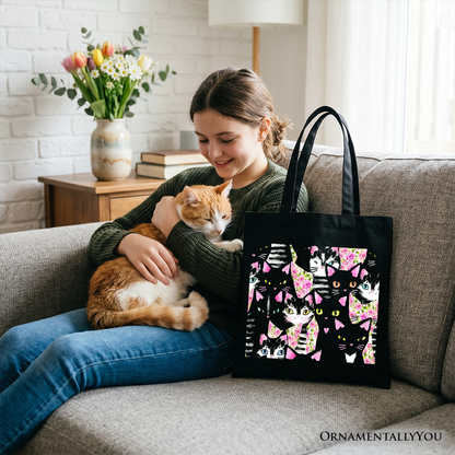 Floral Black And Pink Cats Pattern Cute Tote Bag, Kitten Collage Gift Shopper for Cat Lovers