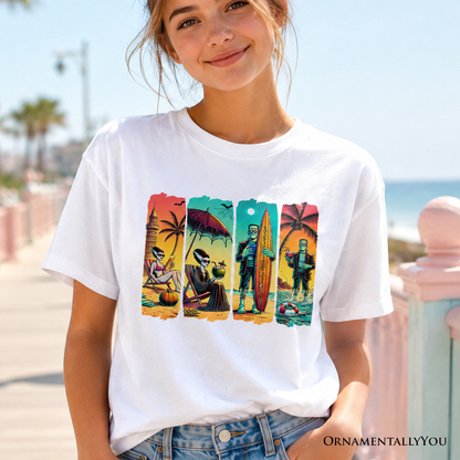 Kids Frankenstein's Beach Vacation T-Shirt, Retro Neon Surf Style Tee for Horror Youth Fans with Summer Vibes