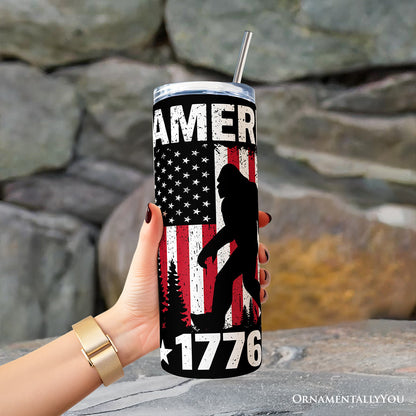 Bigfoot American Flag 20oz Personalized Tumbler With Lid and Stainless Steel Straw, Patriotic Sasquatch Gift Cup
