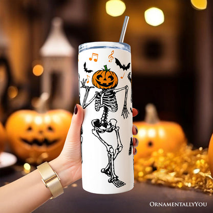 Dancing Skeletons with Pumpkin Head 20oz Personalized Tumbler With Lid and Stainless Steel Straw, Funny Dry Bones Come Alive Halloween Gift Cup