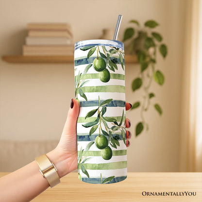Green Olive Branch Print 20oz Personalized Tumbler With Lid and Stainless Steel Straw, Fresh Botanical Gift Cup