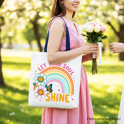 Let Your Soul Shine Rainbow Tote Bag, Retro Pastel Floral Feel Good Gift Shopper