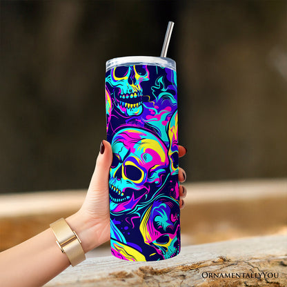 Neon Skull Chaos 20oz Personalized Tumbler With Lid and Stainless Steel Straw, Psychedelic Horror Halloween Gift Cup