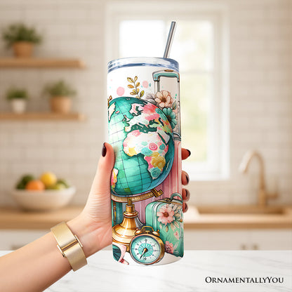 Pink and Teal Wanderlust Girl 20oz Personalized Tumbler With Lid and Stainless Steel Straw, Floral Traveler Adventurer Gift Cup