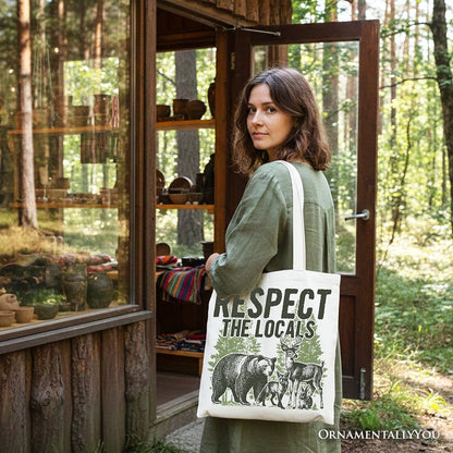Respect the Locals Wild Animal Canvas Tote Bag, Vintage Camping Nature Gift Shopper