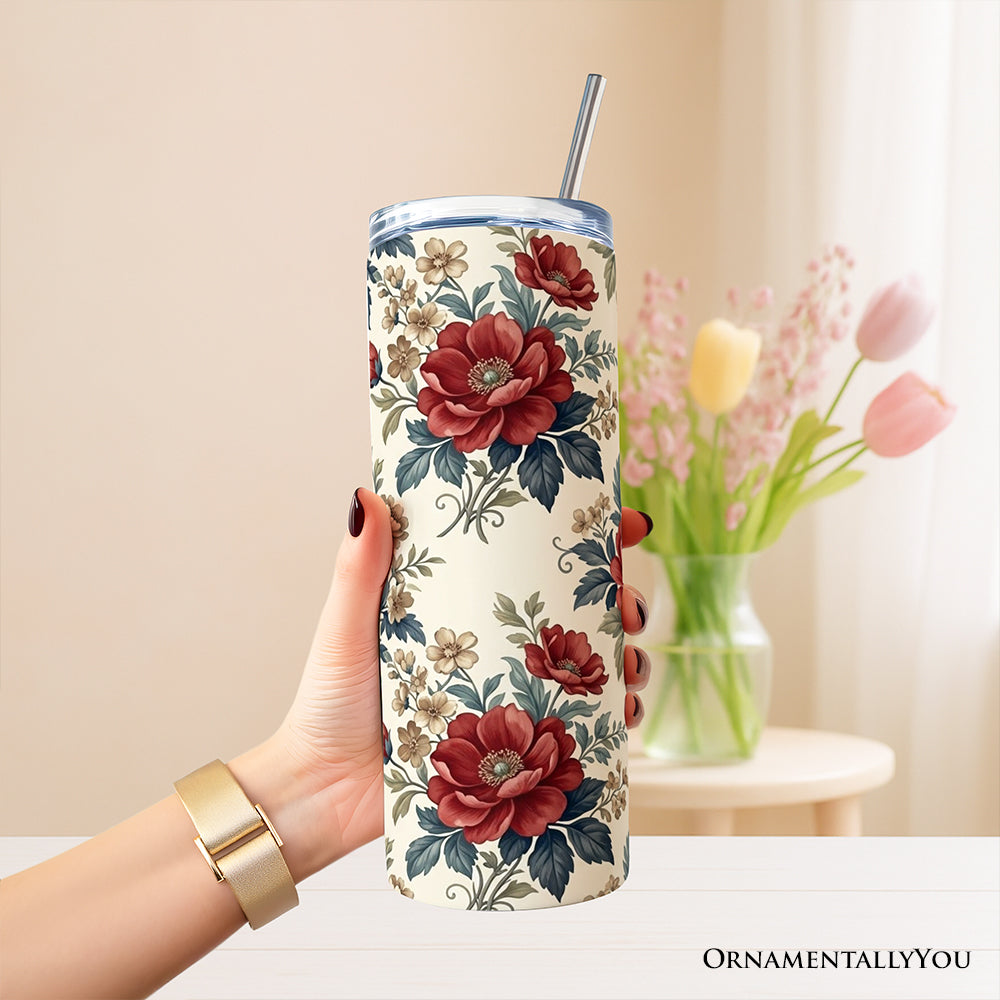 Vintage Red Poppy 20oz Personalized Tumbler With Lid and Stainless Steel Straw, Romantic Floral Pattern Gift Cup