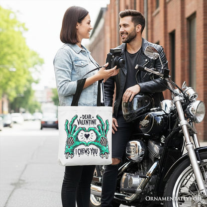 Zombie Valentine Hands I Chews You Canvas Tote Bag, Funny Bag for Horror Spring Season