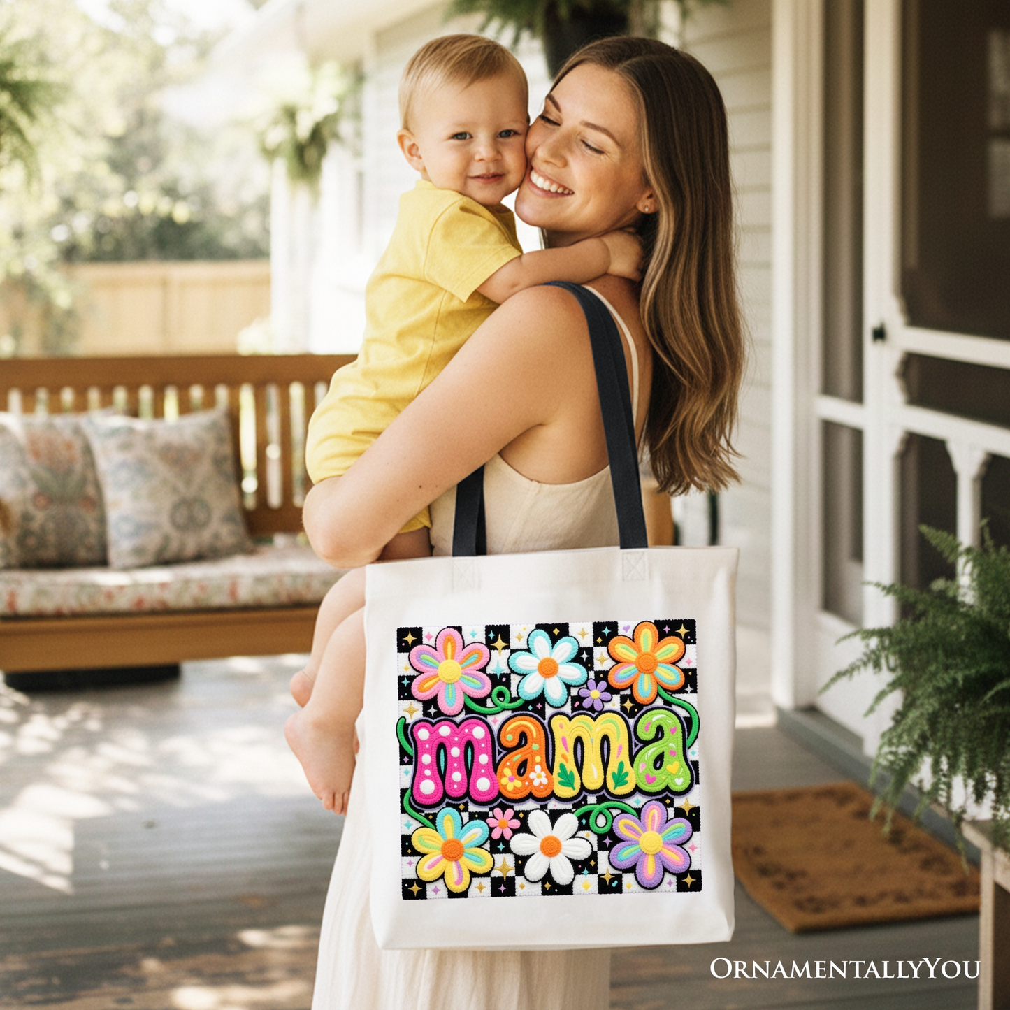 Retro Floral Mama Printed Faux Yarn Tote Bag, Colorful Mother's Day Gift Shopper