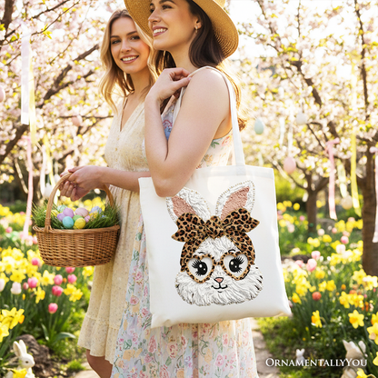 Easter Bunny Leopard Bow Tote Bag, Coquette Printed Faux Embroidery Girly Spring Gift Shopper