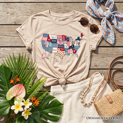 Kids Patriotic Patchwork USA T-Shirt, Quilted Map Youth Tee for American Fans