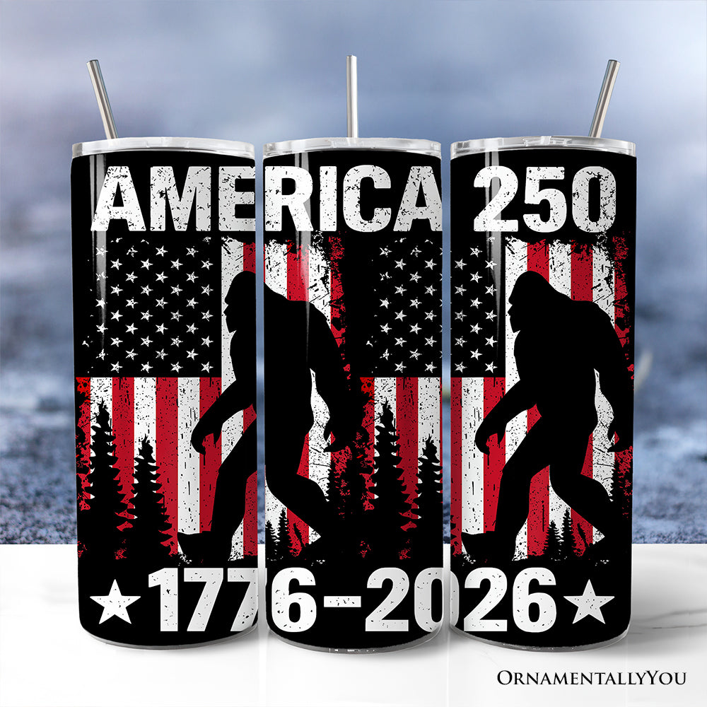 Bigfoot American Flag 20oz Personalized Tumbler With Lid and Stainless Steel Straw, Patriotic Sasquatch Gift Cup