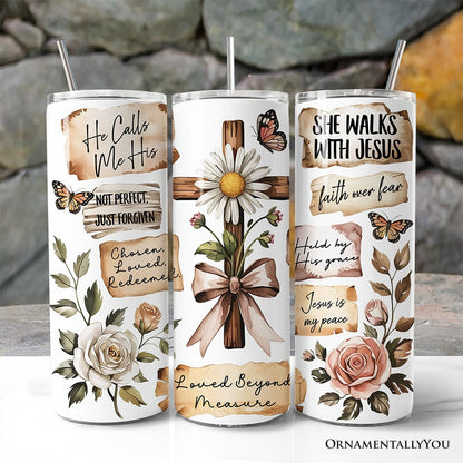 Boho Christian Cross 20oz Personalized Tumbler With Lid and Stainless Steel Straw, Vintage Floral Quotes Gift Cup
