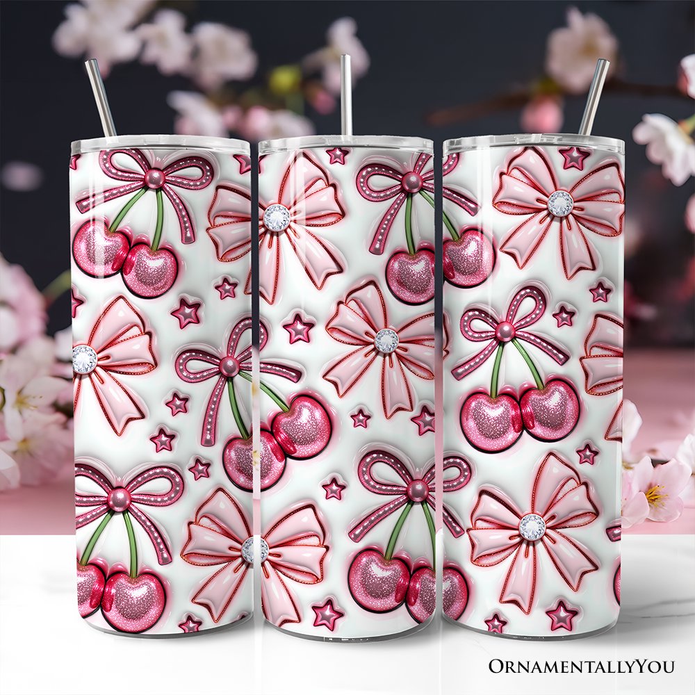 Coquette Cherry Bows 3D Inflated Tumbler With Lid and Stainless Steel Straw, Spring Floral Travel Mug Gift