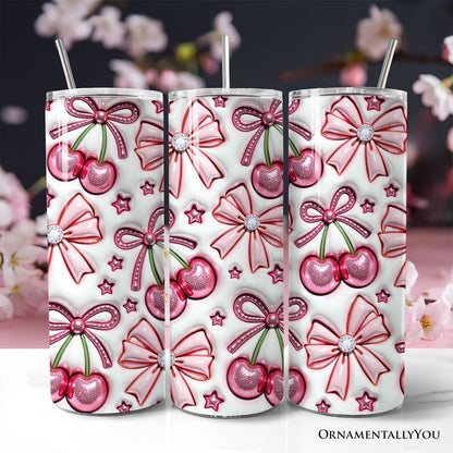 Coquette Cherry Bows 3D Inflated Tumbler With Lid and Stainless Steel Straw, Spring Floral Travel Mug Gift