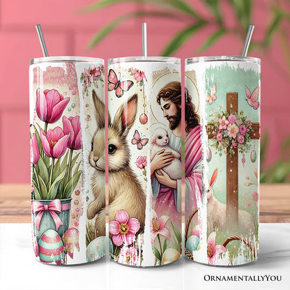 Pink Jesus and Bunny 20oz Personalized Tumbler With Lid and Stainless Steel Straw, Easter Brushstrokes Spring Gift Cup