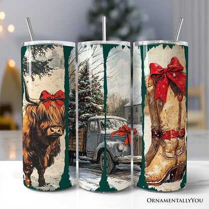 Small Town Christmas 20oz Personalized Tumbler With Lid and Stainless Steel Straw, Highland Cow Rustic Western Cowgirl Gift Cup