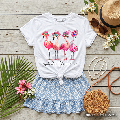 Kids Flamingo Hello Summer T-Shirt, Retro Tee with Tropical Birds for Youth Girls