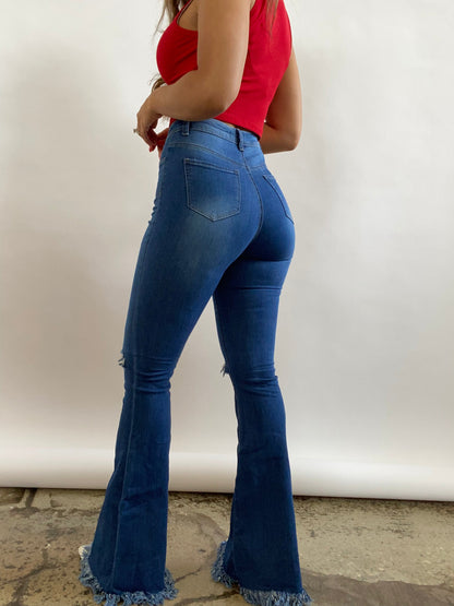Farrah Denim Distressed High Waisted Flares - Medium Wash