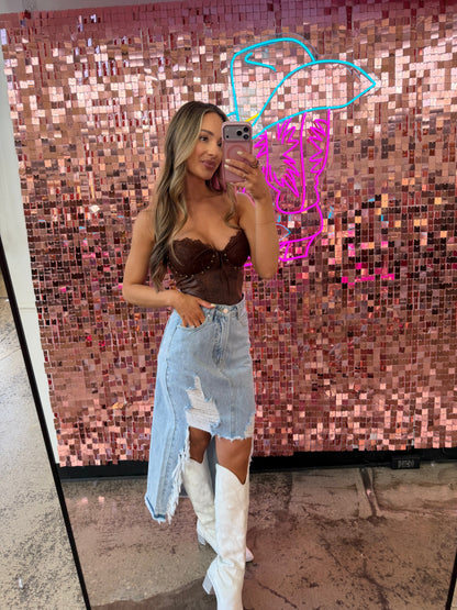 Harper Heavily Distressed Denim Maxi Skirt