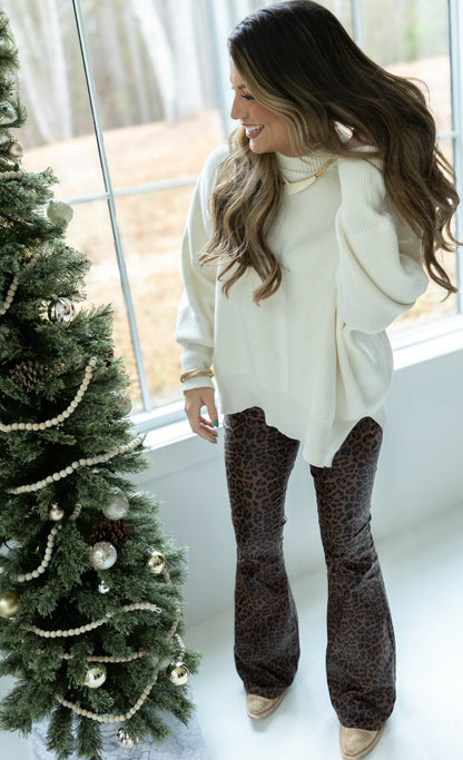 Fiona High Waisted Bell Bottom Flare Jeans - Desert Brown Leopard