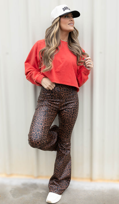 Fiona High Waisted Bell Bottom Flare Jeans - Desert Brown Leopard