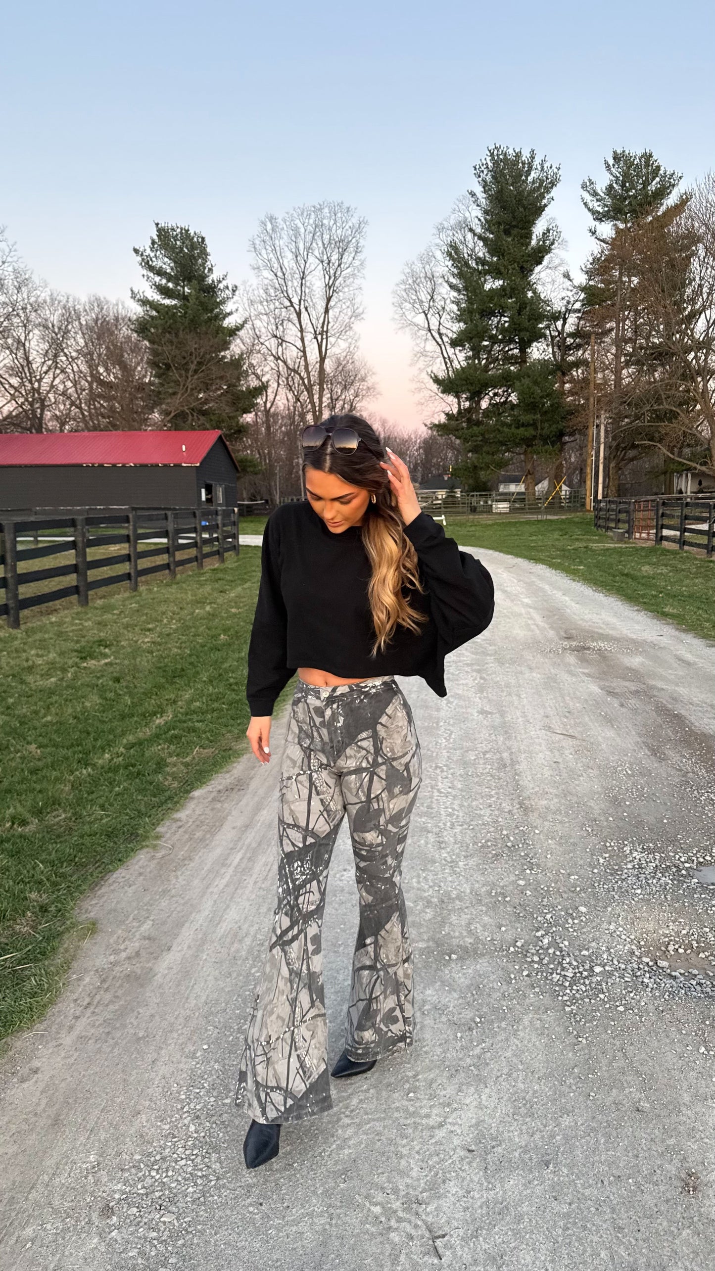 Fiona High Waisted Bell Bottom Flare Jeans - Storm Grey Camo