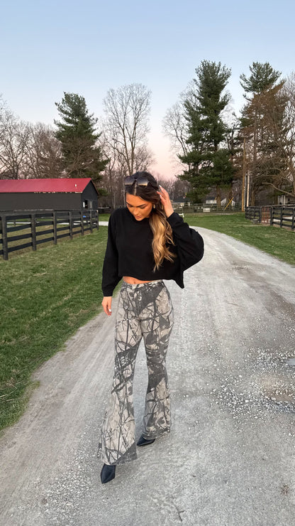Fiona High Waisted Bell Bottom Flare Jeans - Storm Grey Camo