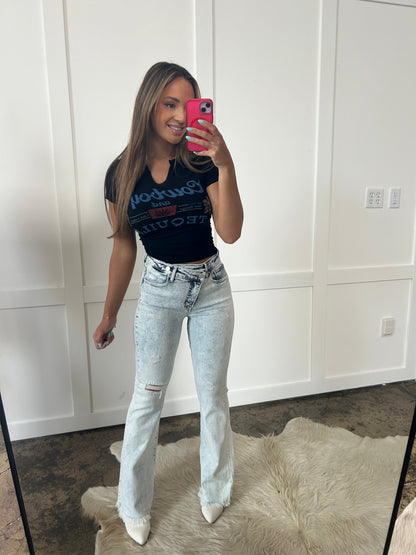 Lucy Asymmetrical Distressed Flare Jeans