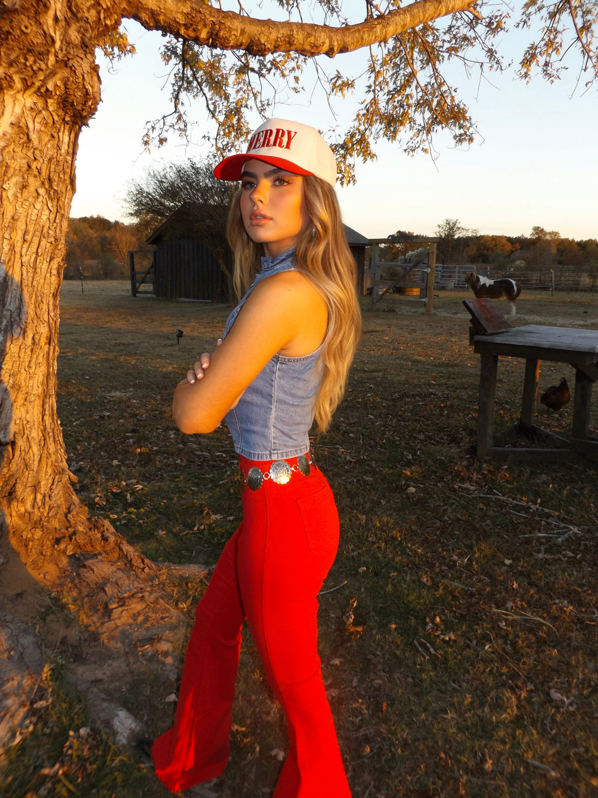 Fiona High Waisted Bell Bottom Flare Jeans - Red