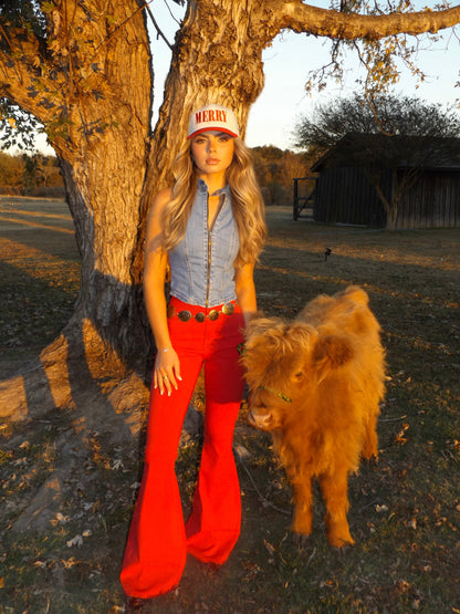 Fiona High Waisted Bell Bottom Flare Jeans - Red