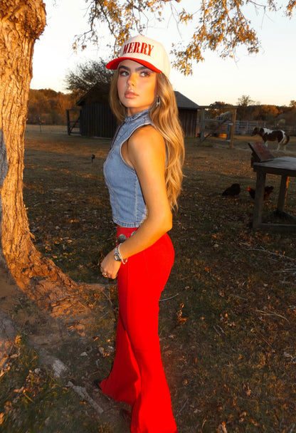 Fiona High Waisted Bell Bottom Flare Jeans - Red