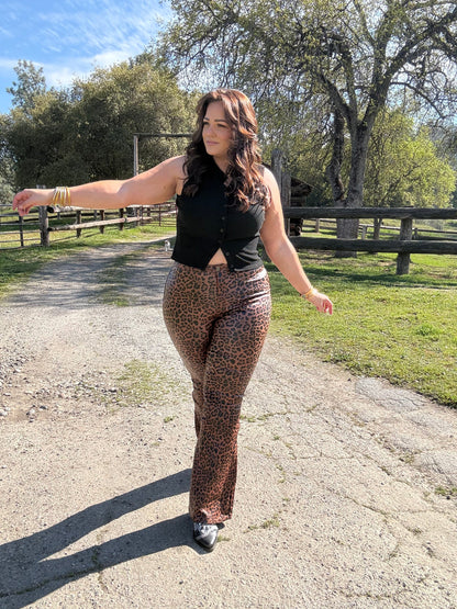 Fiona High Waisted Bell Bottom Flare Jeans - Desert Brown Leopard