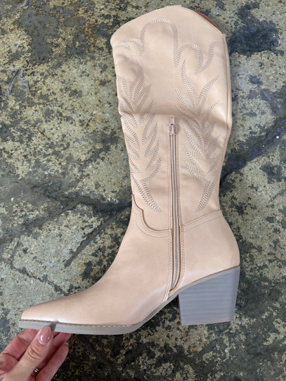 Samara Embroidered Knee High Cowgirl Boots - Nude