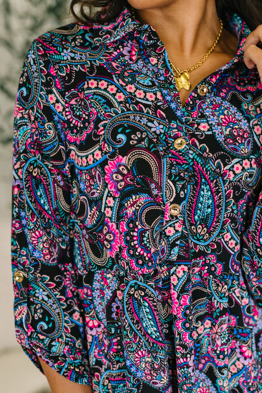 Inspire Collared Dress in Black and Cool Paisley