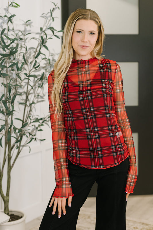 In the Present Plaid Mesh Layering Top in Red